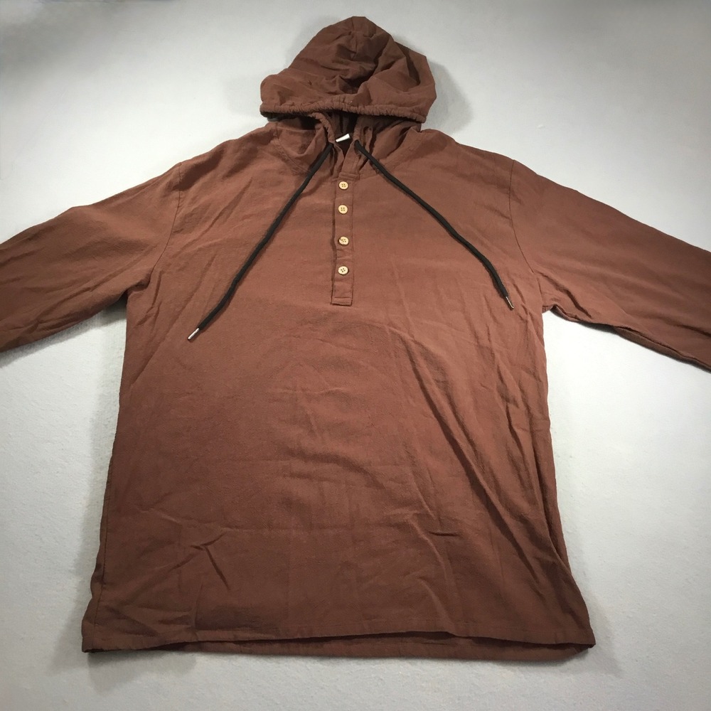Mens Brown Cotton Henley Hoodie Textured Long Sleeve Slub Top XL